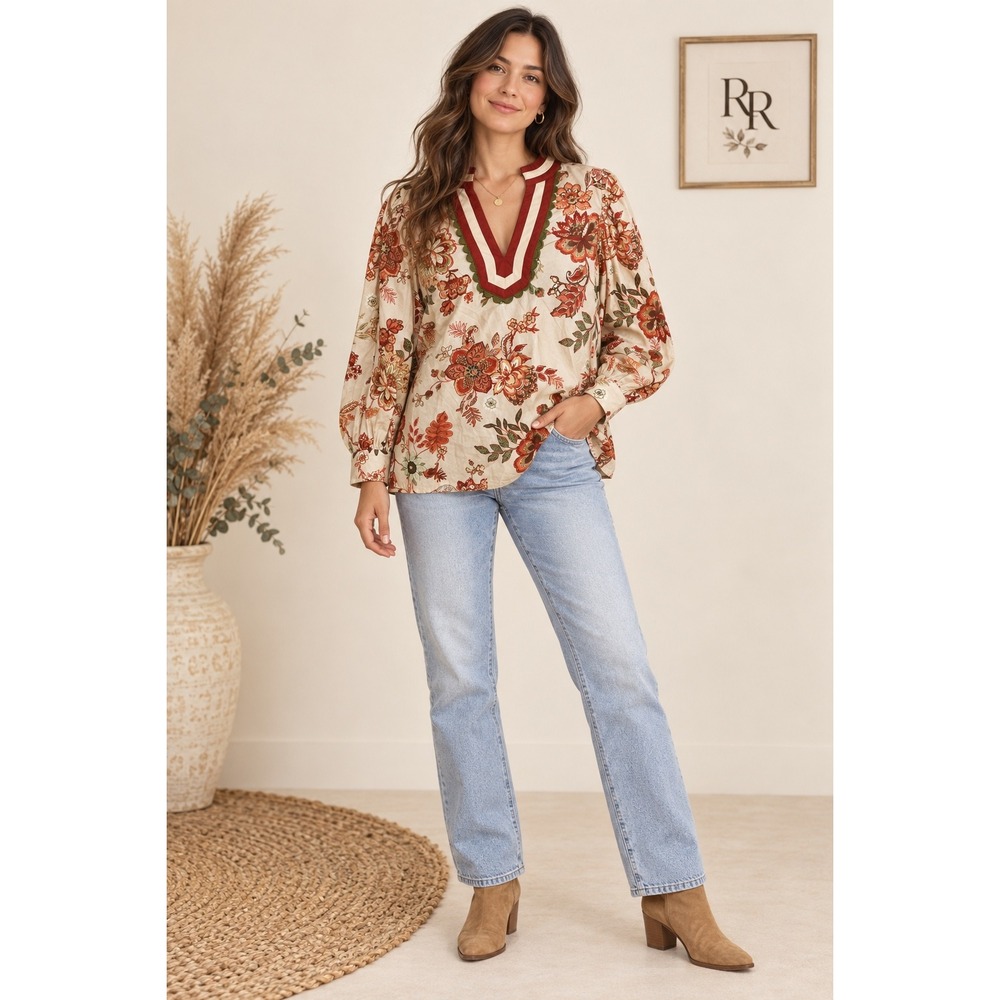 Entro Floral V-Neck Balloon Sleeve Fall  Blouse Tan Orange Red  Small